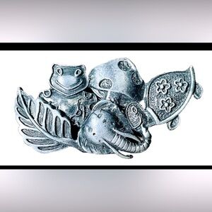 Unique Fun Frog Elephant Turtle Group Friends Pewter Brooch Pin Mushroom Rare